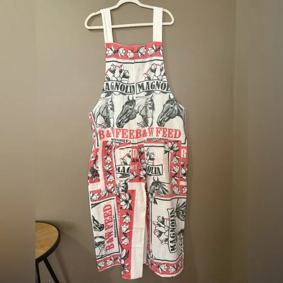 Hippie Flour Sack Overalls Horse and Magnolias Womens L/XL Pink Cream Handmade - Picture 4 of 8